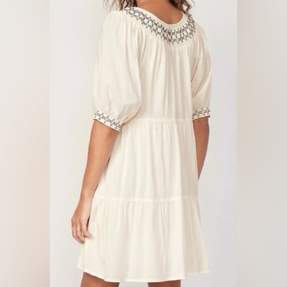 2/$30 Old Navy Cream Smocked Embroidered Short Puff Sleeves Tiered Mini Dress S - Picture 16 of 16